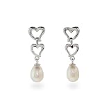Eve's Addiction Double Heart Drop Sterling Silver Freshwater Pearl Earrings