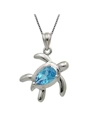 Sterling Silver and Blue Topaz Turtle Honu Necklace Pendant with Box Chain