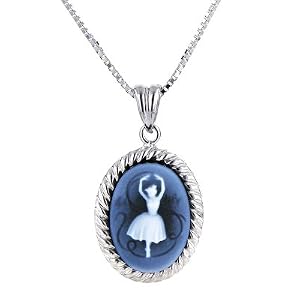 Sterling Silver Oval Frame 14X10mmm Blue Agate Ballerina Cameo Pendant w 18... by