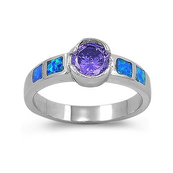 Sterling Silver 7mm Blue Opal & Amethyst Ring (Size 5 - 9)