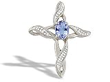 14K White Gold Genuine Oval Tanzanite and Diamond Cross Pendant