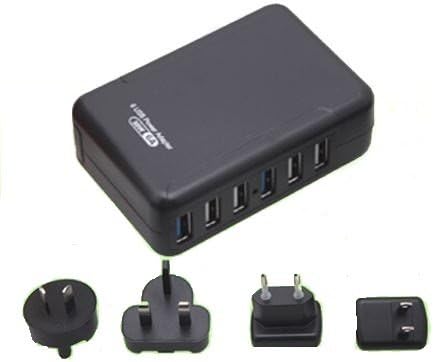 6 USB Travel Charger 30w, 6 A, compatible with nearly any device and powerful enough to charge at top speed. Made by Cyber Electronics