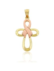 Gold Pink Ribbon Cross Charm, 10k