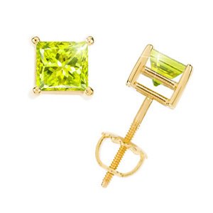 Princess Cut 18K Yellow Gold Stud Earrings with Greenish-Yellow Diamond 2 carats each Princess cut