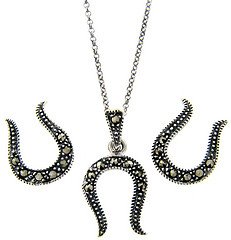 Sterling Silver Marcasite Lucky Horseshoe Pendant and Earring Set