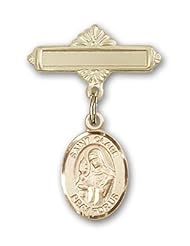 Gold Filled Baby Badge with St. Clare of Assisi Charm and Polished Badge Pin
