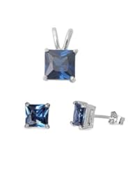 Sterling Silver Blue Sapphire Earrings and Necklace Jewelry Set