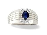 14K White Gold Genuine Oval Sapphire and Diamond Men's Ring