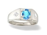 14K White Gold Genuine Oval Blue Topaz and Diamond Men's Ring