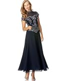 J Kara Petite Beaded-Bodice Short-Sleeve Long Dress