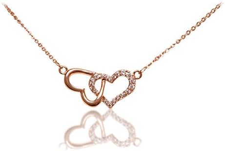 Girls Double Heart Necklace with 2 Rose Gold Plated Hearts Intertwined