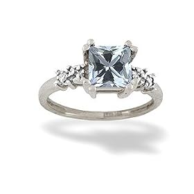 14K White Gold Genuine Square Aquamarine and Diamond Art Deco Ring by Jewels For Me