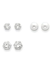 Sterling Silver Sm & Lg Cz & Cultured Pearl Set Earrings, Best Quality Free Gift Box Satisfaction Guaranteed