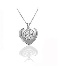 Valentines Day Gifts Bling Jewelry Sterling Peace Sign CZ Heart Locket Pendant