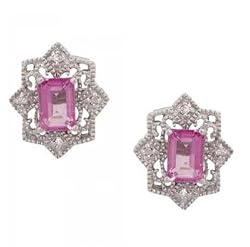 Pink Topaz & Diamond Stud Earrings Milgrain Accent in 14K White Gold