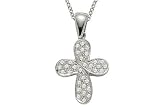 14K White Gold Cross Pendant, Enhanced with Pave Set Diamonds, Sliding on a 16 Cable-Chain Necklace.
