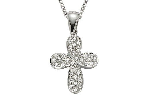 14K White Gold Cross Pendant, Enhanced with Pave Set Diamonds, Sliding on a 16 Cable-Chain Necklace.