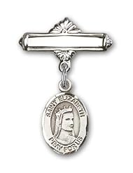 Sterling Silver Baby Badge with St. Elizabeth of Hungary Charm and Polished Badge Pin. Catholic Saint Elizabeth of Hungary Patron Saint of Bakers, Nursing Services, Falsely Accused