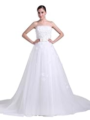 A-line Strapless Beaded  Lace-Up Spring Fall Organza Wedding Dress  with a Chapel Train  With a Bow(s) and a Ribbon  and a Sash 