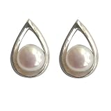 Rain Drop Silver Stud Earrings w. White Cultured Pearl