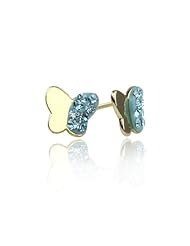 14K Yellow Gold Blue Butterly Stud Screwback Earring with Screw Back For Girls