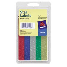 Avery Foil Star Labels, 1/2, 440/PK, Red/Green/ Gold/Silver/Blue