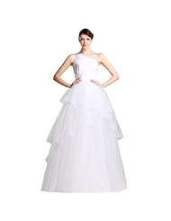 A-line Polyester/Satin/Tulle One Shoulder Sleeveless Tiered Ruched Wedding Dress 