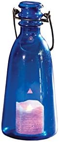 Roman Lights LED Candle in a Blue Glass Bottle with Cap and Wire Handle with Batteries, 7.5-Inch
