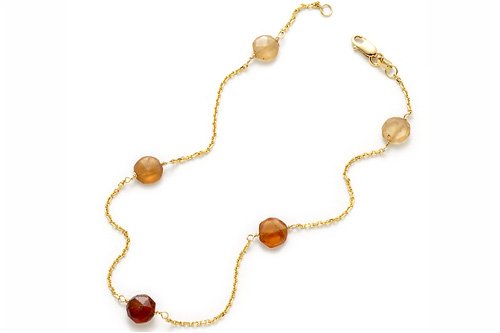 14K Yellow Gold 10 Cable Chain Anklet Bracelet, Set With Multi-Colored Semi-Precious Beads.