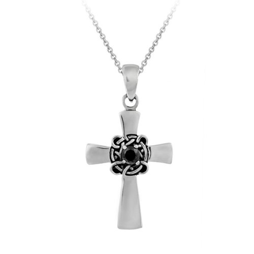 Sterling Silver Celtic Cross with Black Cubic Zirconia Center Pendant with Rolo Chain, 18
