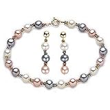 14k Tri Color Bead Multi Color Pearl, Earring and Bracelet Set