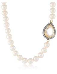 White Potato Freshwater Cultured Pearls with Gemstone and Cubic-Zirconia Prong Set Gold over Silver Necklace, 16"+2" Extender
