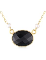 Gold over Silver White Freshwater Cultured Pearl and Small Bezel Bead Chain Necklace, 16"+2" Extender