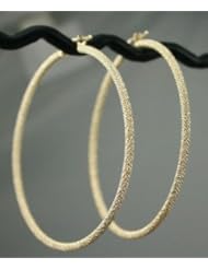 Solid 14K Yellow Gold Hoop Earrings 2" Italian Beauty 3.2g Sparkling MESH 50mmx2mm