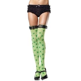 St. Patrick's Day Clover Print Thigh High Nylon Stocking with Belt Buckle Top