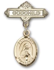 14K Gold Baby Badge with St. Rita Baseball Charm and Godchild Badge Pin