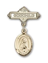 Gold Filled Baby Badge with St. Rita Baseball Charm and Godchild Badge Pin