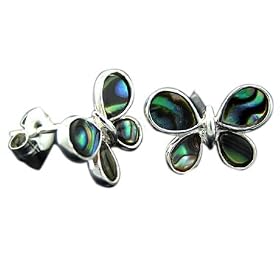 E570--Abalone Paua Butterfly Earrings--Hawaiian Silver Jewelry