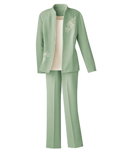 Swann 3-Piece Embroidered Pants Suit, Sage, 18W