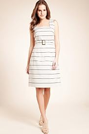 Cotton Rich Square Neck Striped Prom Dress with Belt