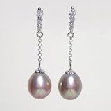 14k Gold Diamond Journey Bail w. Natural Lavender 7.5-8mm Cultured Drop Pearl Dangle Earrings - by Dahlia Classic Jewelry Collection