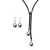 Forever Together Lavender Cultured Pearl Leather Heart Shaped Slider Lariat Necklace & Pearl Drop Earrings Sterling Silver Set