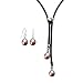 Forever Together Lavender Cultured Pearl Leather Heart Shaped Slider Lariat Necklace & Pearl Drop Earrings Sterling Silver Set