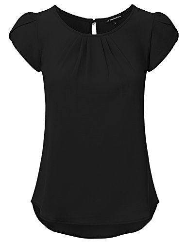 JJ Perfection Women's Solid Woven Pleated Petal Short Sleeve Blouse