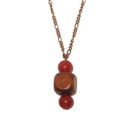 Coral Necklace 04 Red Stone Brown Wood Cube Copper Chain Stone 17