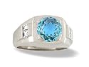 14K White Gold Genuine Round Blue Topaz and Diamond Men's Ring