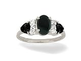 14K White Gold Genuine Oval Black Onyx and Diamond 3-Stone Ring