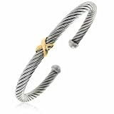Designer 14K Solid Gold X and Silver Cable Design Bangle