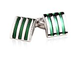 Distinctive 3-Stripe Green Silver Square Cufflinks with Presentation Box