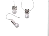 Sterling Silver Faux Pearl and Marcasite Shepherds Hook Earring and Necklace Set